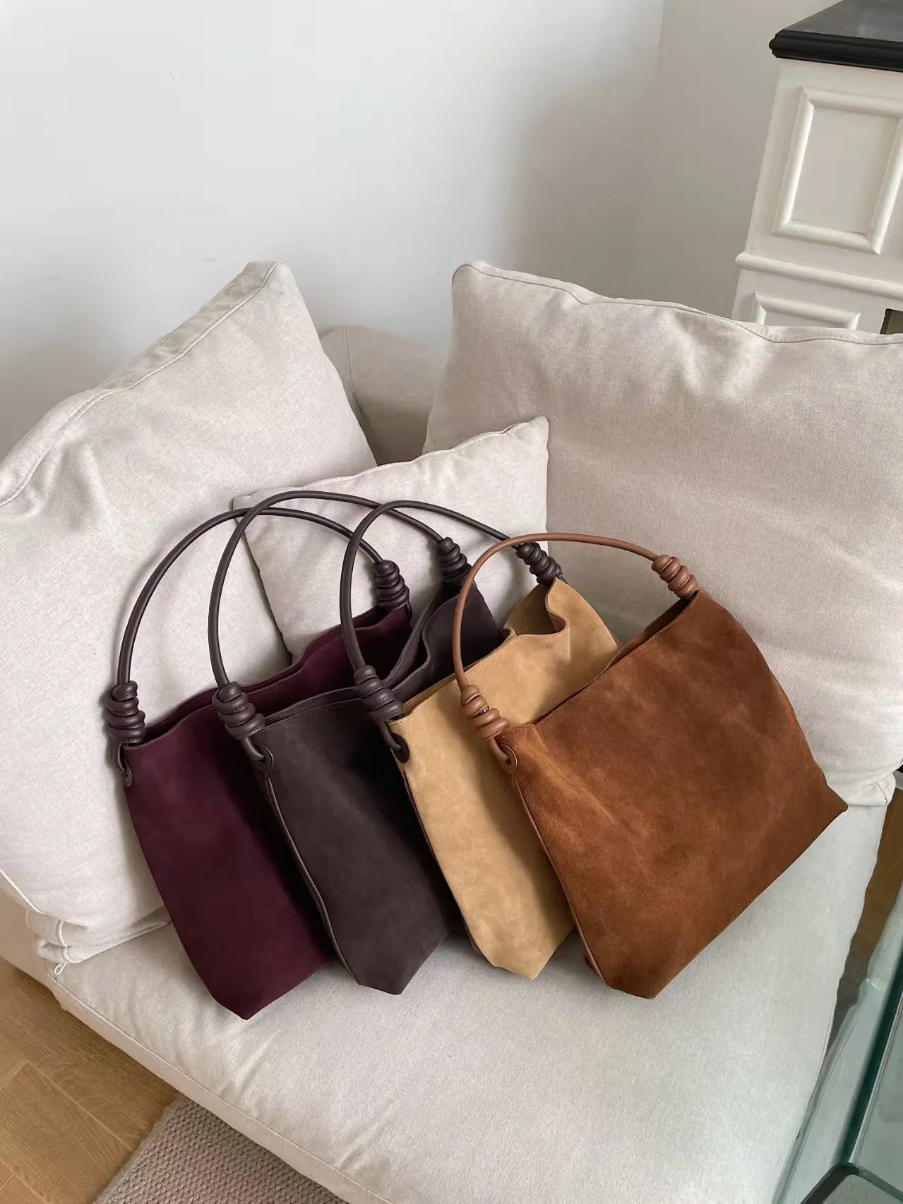 All-Match Chamois Matte Suede Cowhide Leather Tote | Large Capacity Designer Maillard Dressing Coffee Winter Ladies Handbag