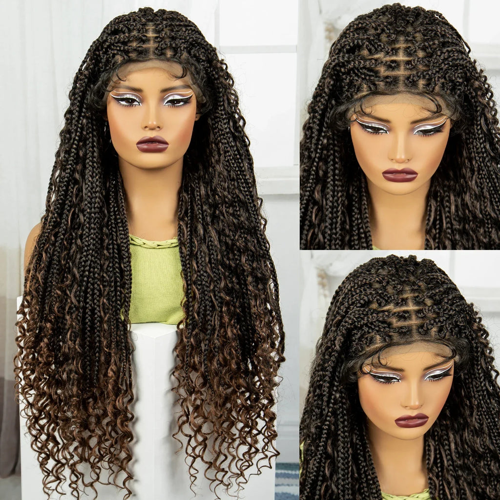 36" Knotless Box Braids Wig | Bohemian Style | Curly Ends | Lace Front | With Baby Hair | For Black Women