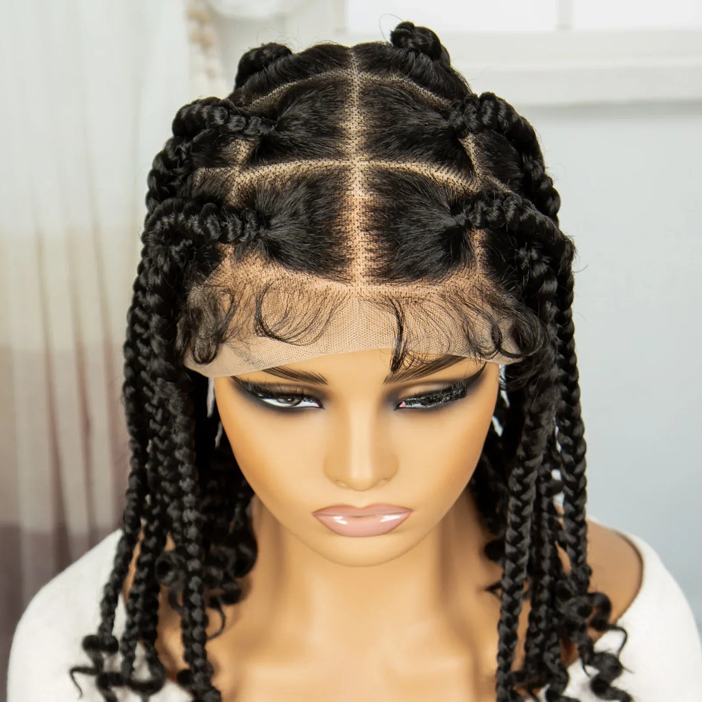14" Short Braided Wig with Curly Ends | Knotless Box Braids | Full Lace Synthetic Wig for Black Women | Transparent Lace