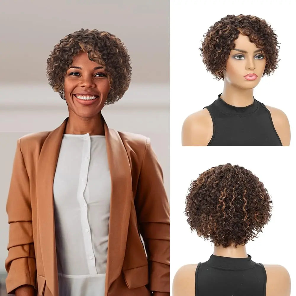 8-Inch Bouncy Curly Pixie Cut Wig | Side Part Brazilian Human Hair