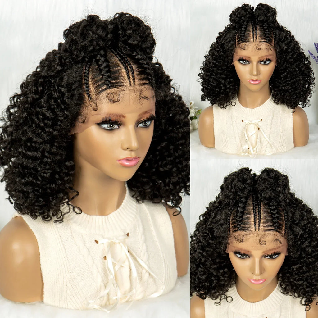 16" Kima Cornrow Twist Curly Bob Wig with Braided Top Knot Bun | 13x4 Lace Front Synthetic Hair