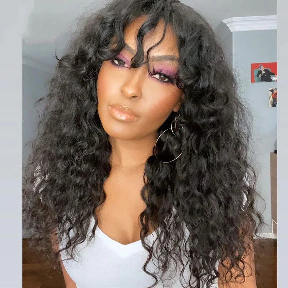 30 Inch Loose Water Wave Wig with Bangs | Full Machine Made Brazilian Remy Human Hair (Natural, All Colors Dyeable)