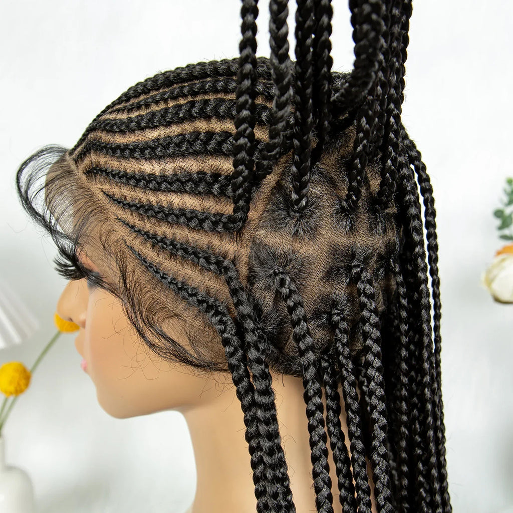 34" HD Transparent Full Lace Knotless Box & Cornrow Braids Wig