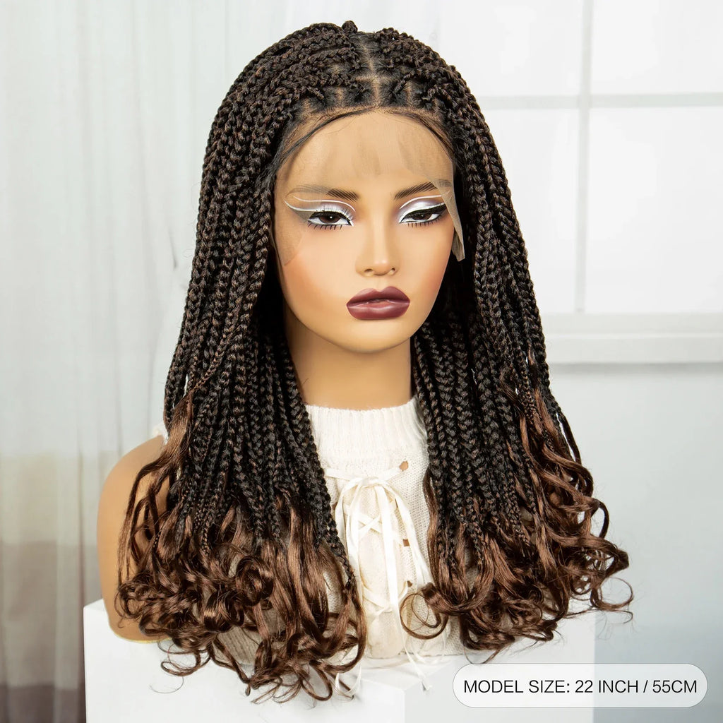22" 1B/30 Ombre Knotless Braids Wig | Wavy Ends | Full Lace Boho Style