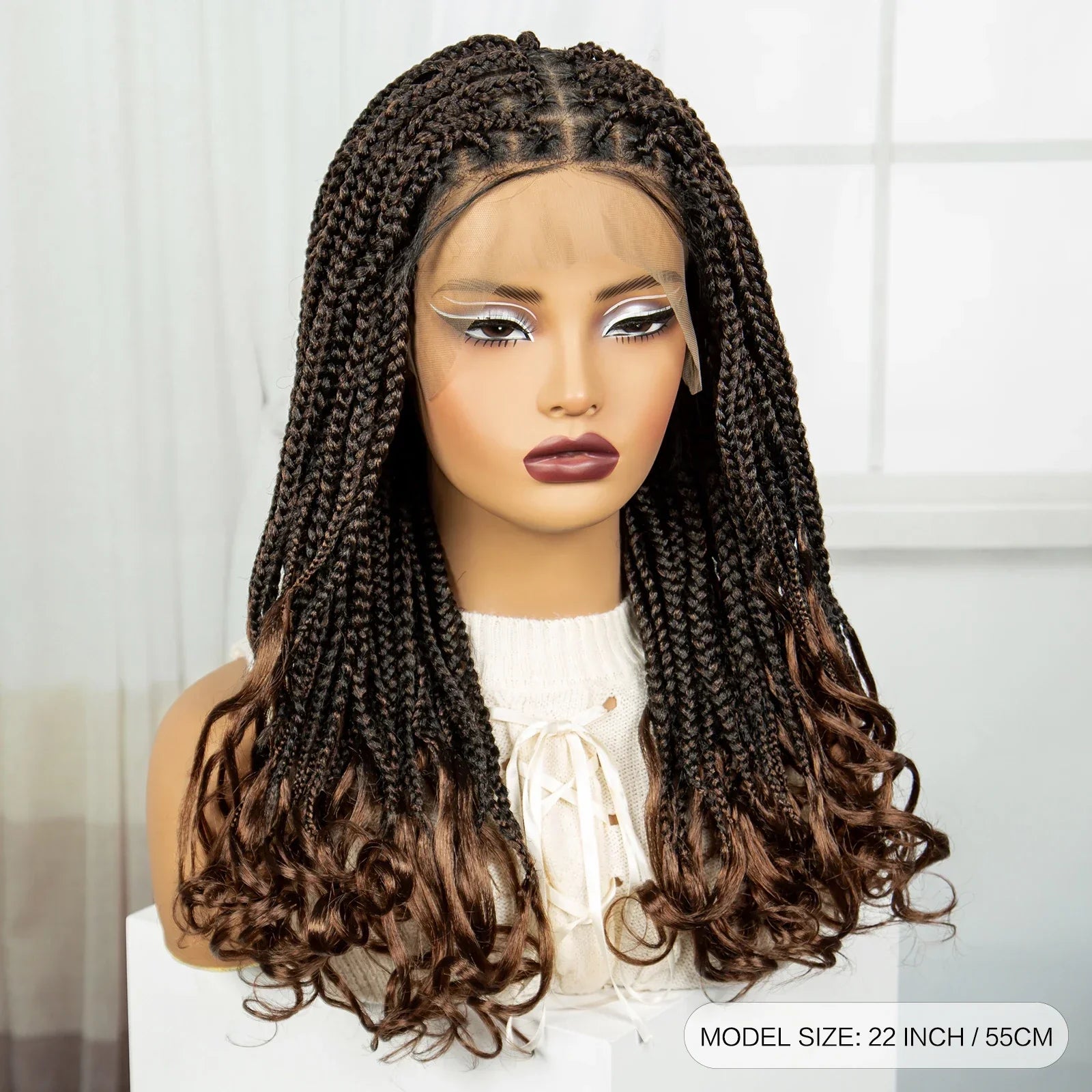 22" 1B/30 Ombre Knotless Braids Wig | Wavy Ends | Full Lace Boho Style