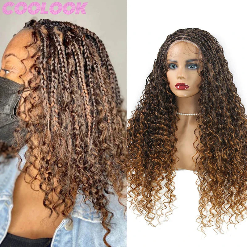 24" Boho Box Braids Lace Frontal Wig | Deep Wave Goddess Braids | Curly Ends | Black Full Lace Synthetic Wig