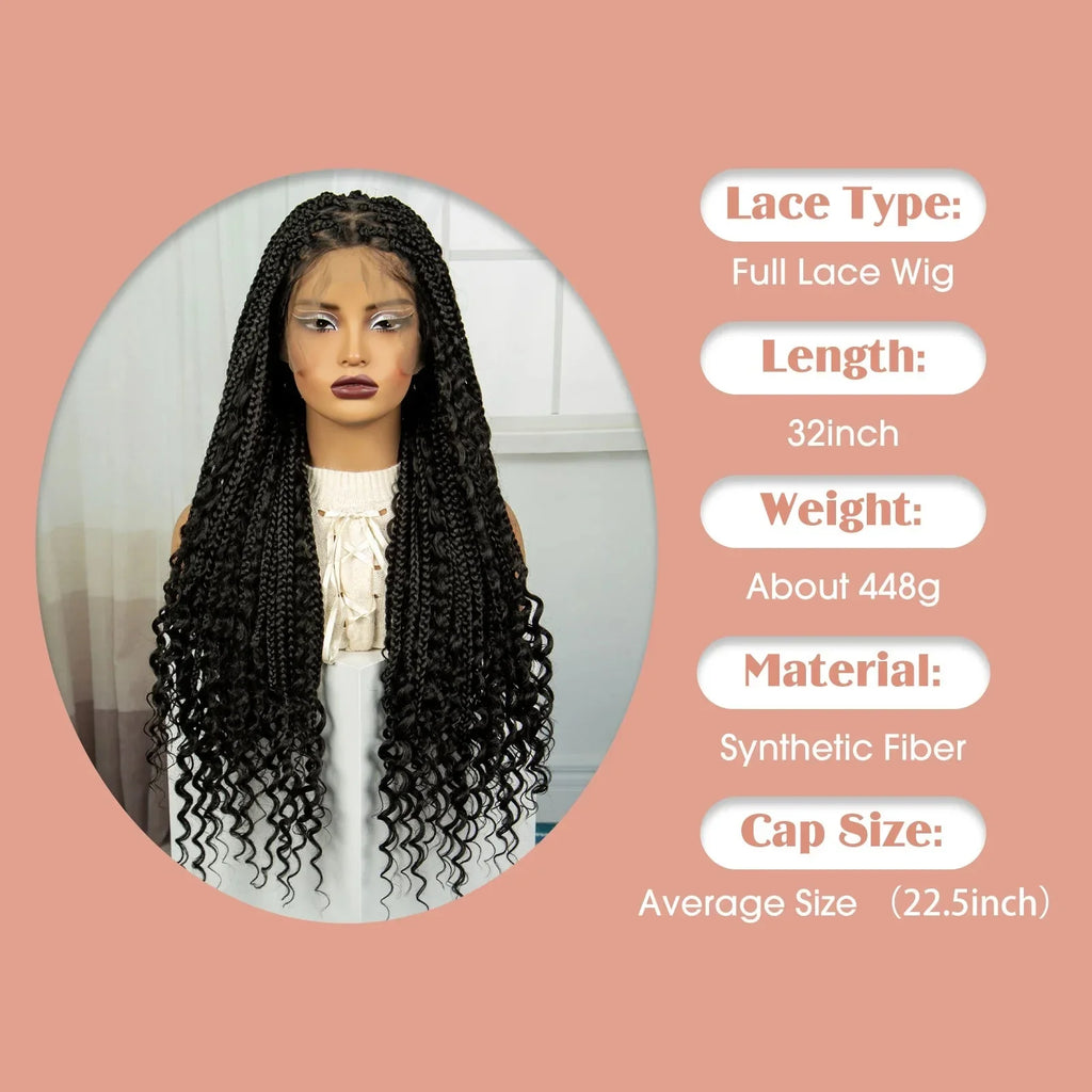 32 Inch Natural Curly Boho Box Braids Wig - Knotless - Full Lace - Synthetic - with Baby Hair