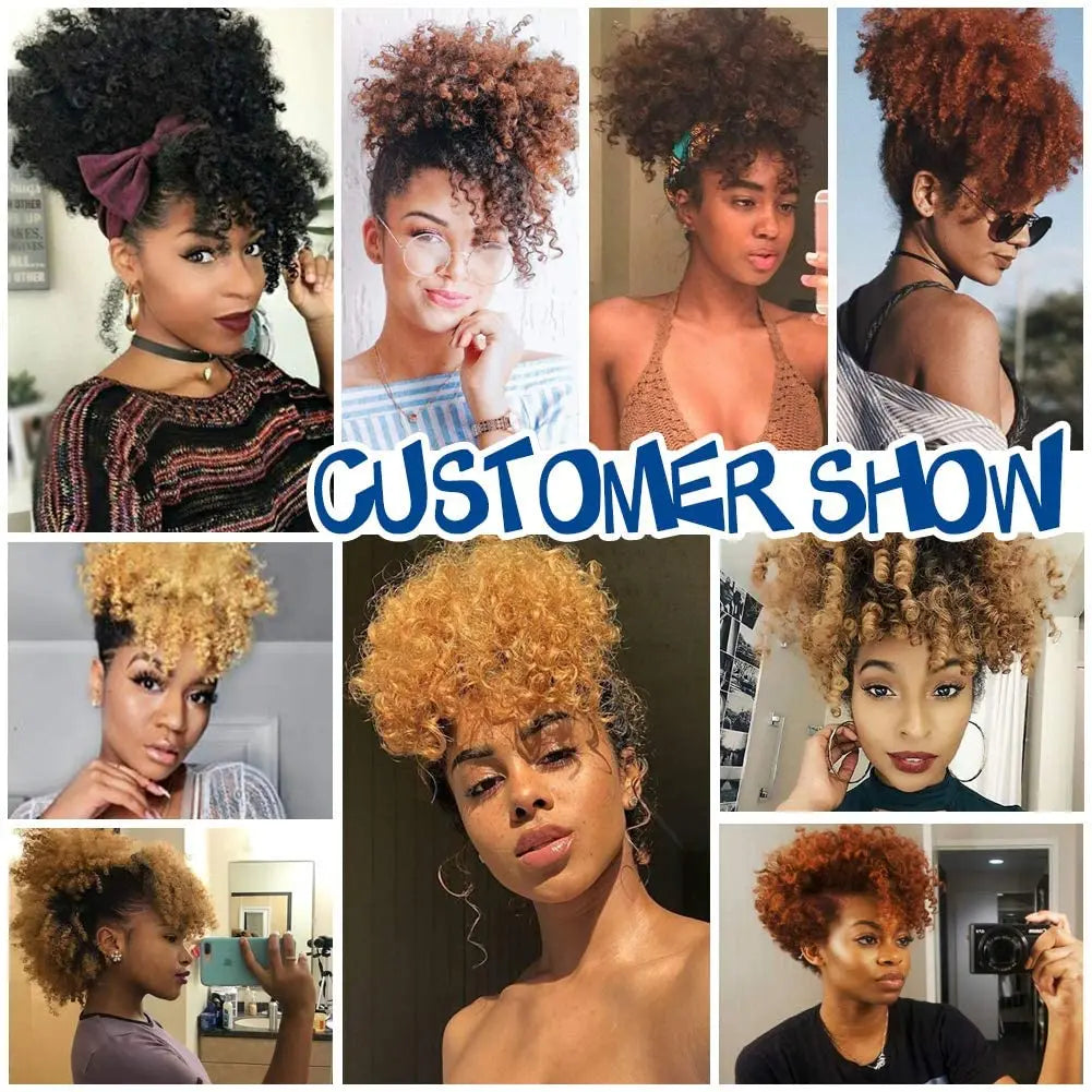Afro Puff Kinky Curly Drawstring Ponytail Extension with Bangs | Synthetic Updo Hairpiece for Black Women | 12 Inch