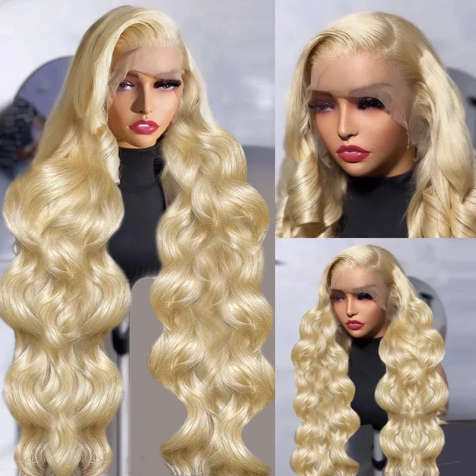 250% Density 30/40 Inch 613 Honey Blonde Body Wave 13x6 HD Transparent Lace Frontal Wigs Brazilian Remy Human Hair