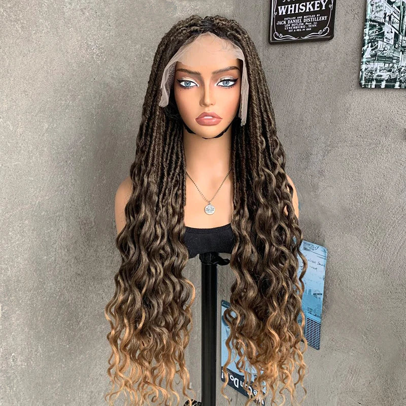 22" Curly End Box Braided Full Lace Front Wig | Goddess Locs | Bohemian Braids | Synthetic Wig