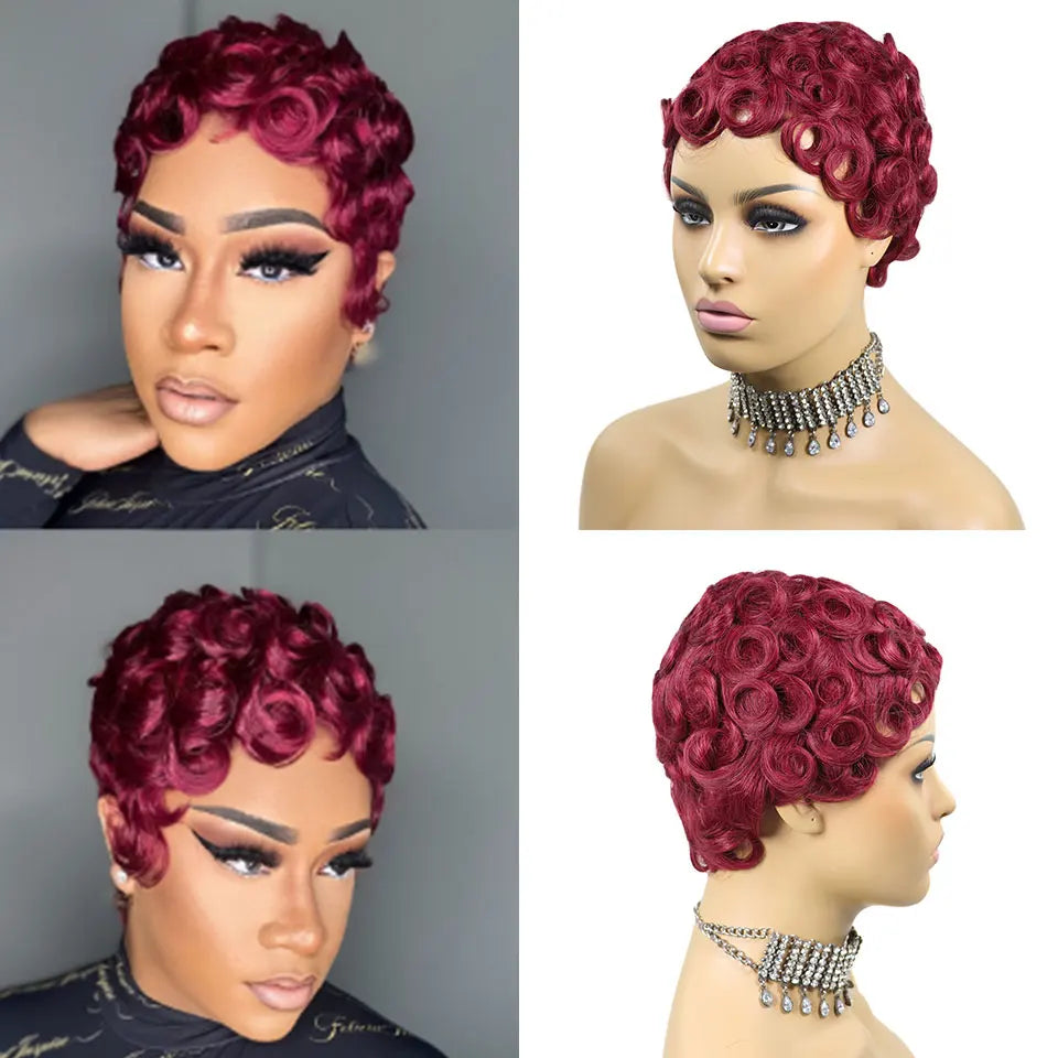 99J Burgundy & Natural Black Pixie Cut Wig | 150% Density Glueless Remy Human Hair Bob