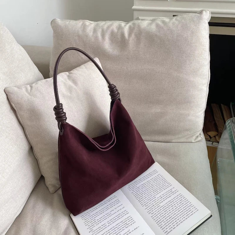 All-Match Chamois Matte Suede Cowhide Leather Tote | Large Capacity Designer Maillard Dressing Coffee Winter Ladies Handbag