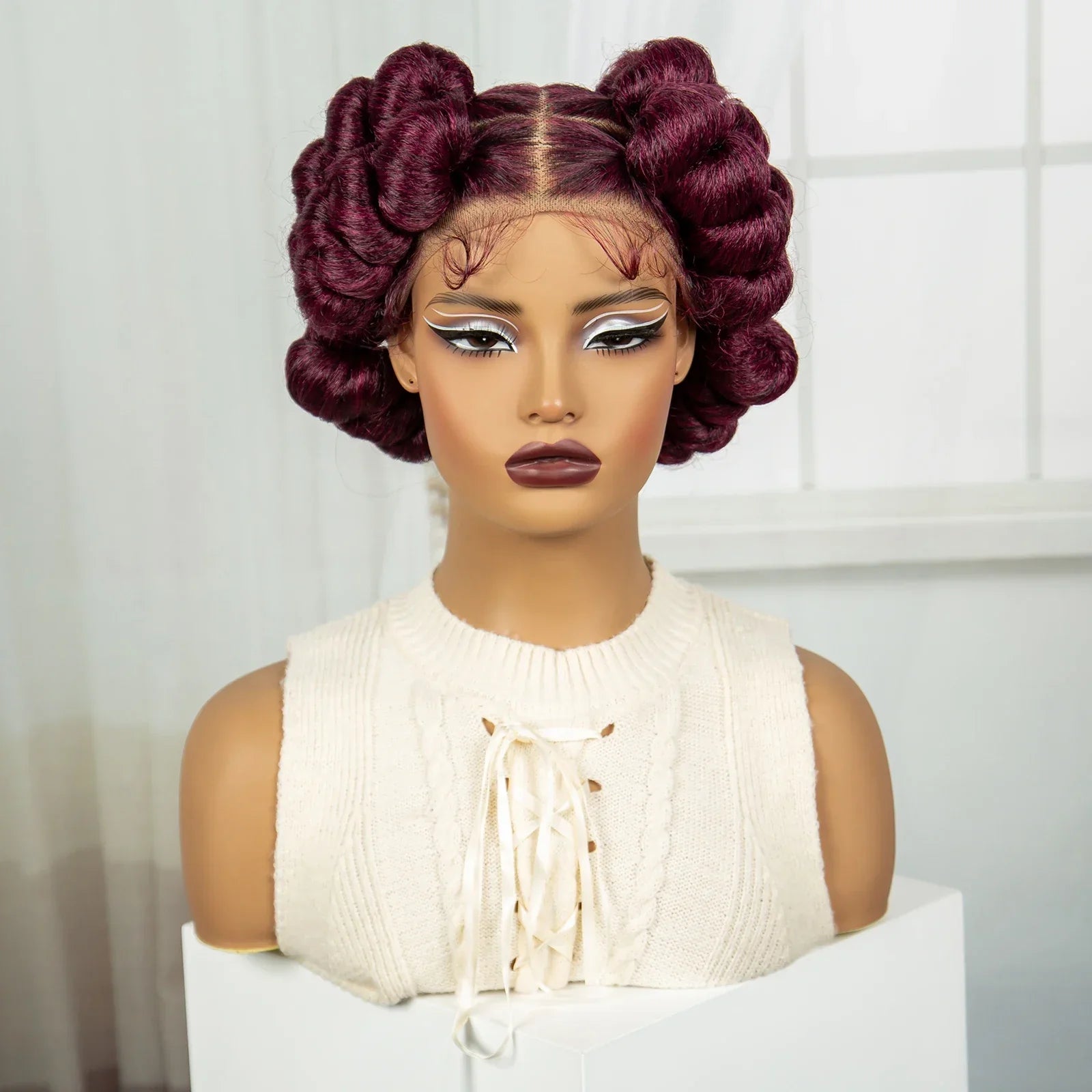 6" Short Cute Burgundy Bantu Knotless Braids Wig | Transparent Full Lace