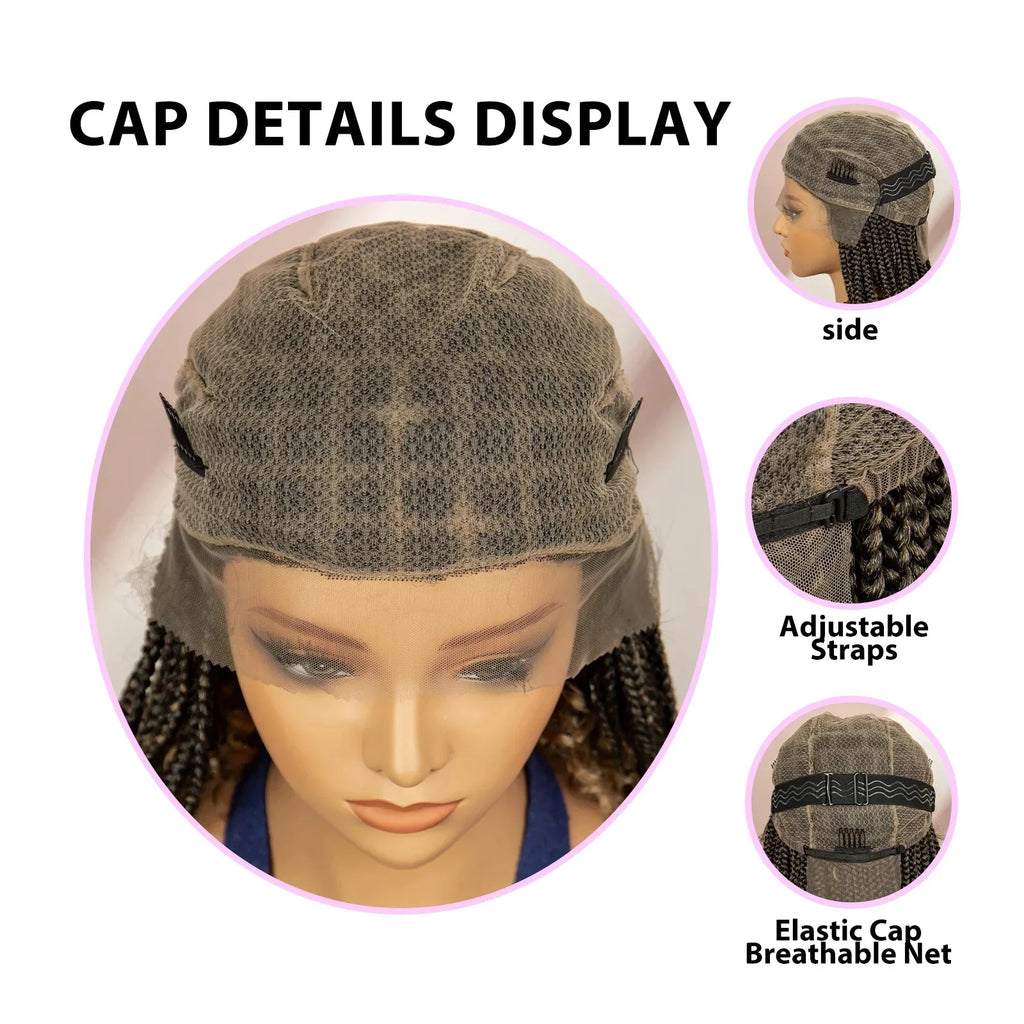 16" Short Brown Box Braided Full Lace Wig | Curly Ends | African Braids | Black Women