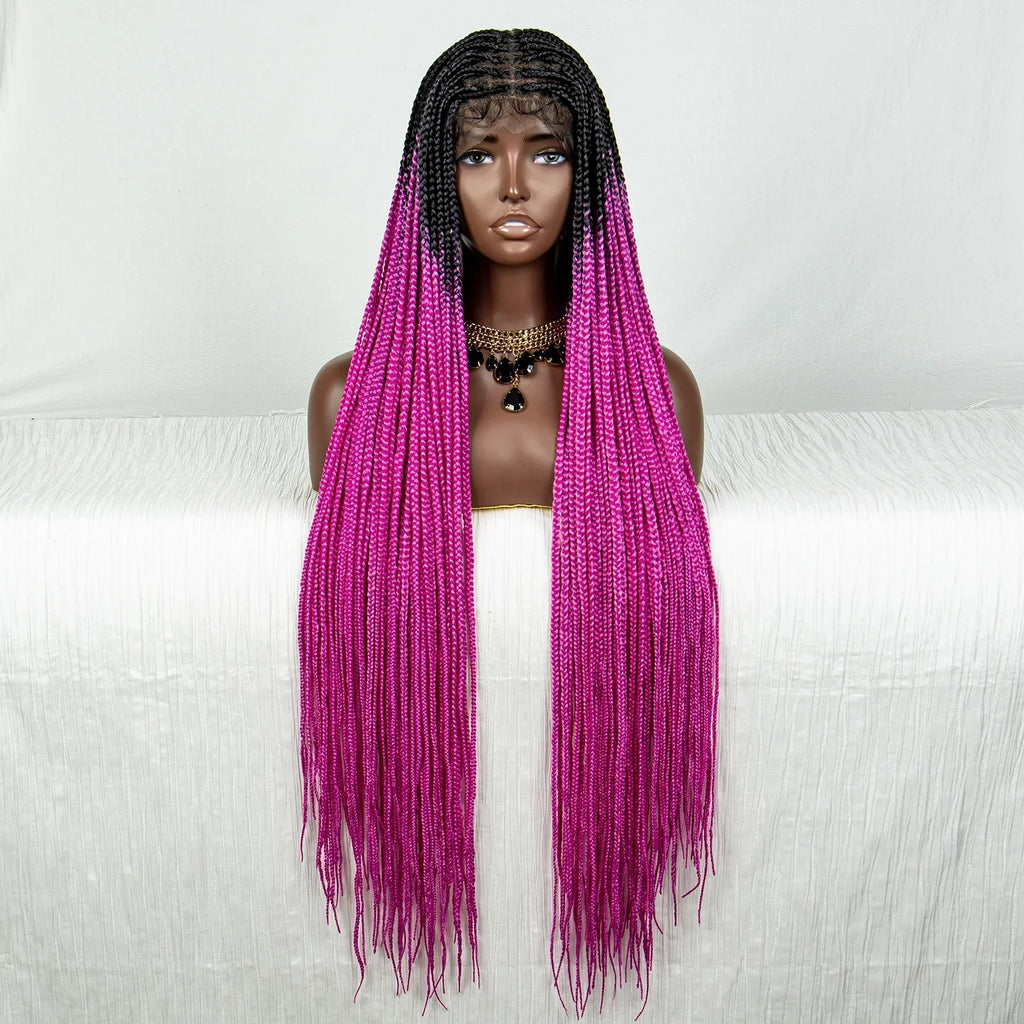 34" Ombre Straight Cornrow Box Braids Full Lace Wig - Long Synthetic Knotless Braids