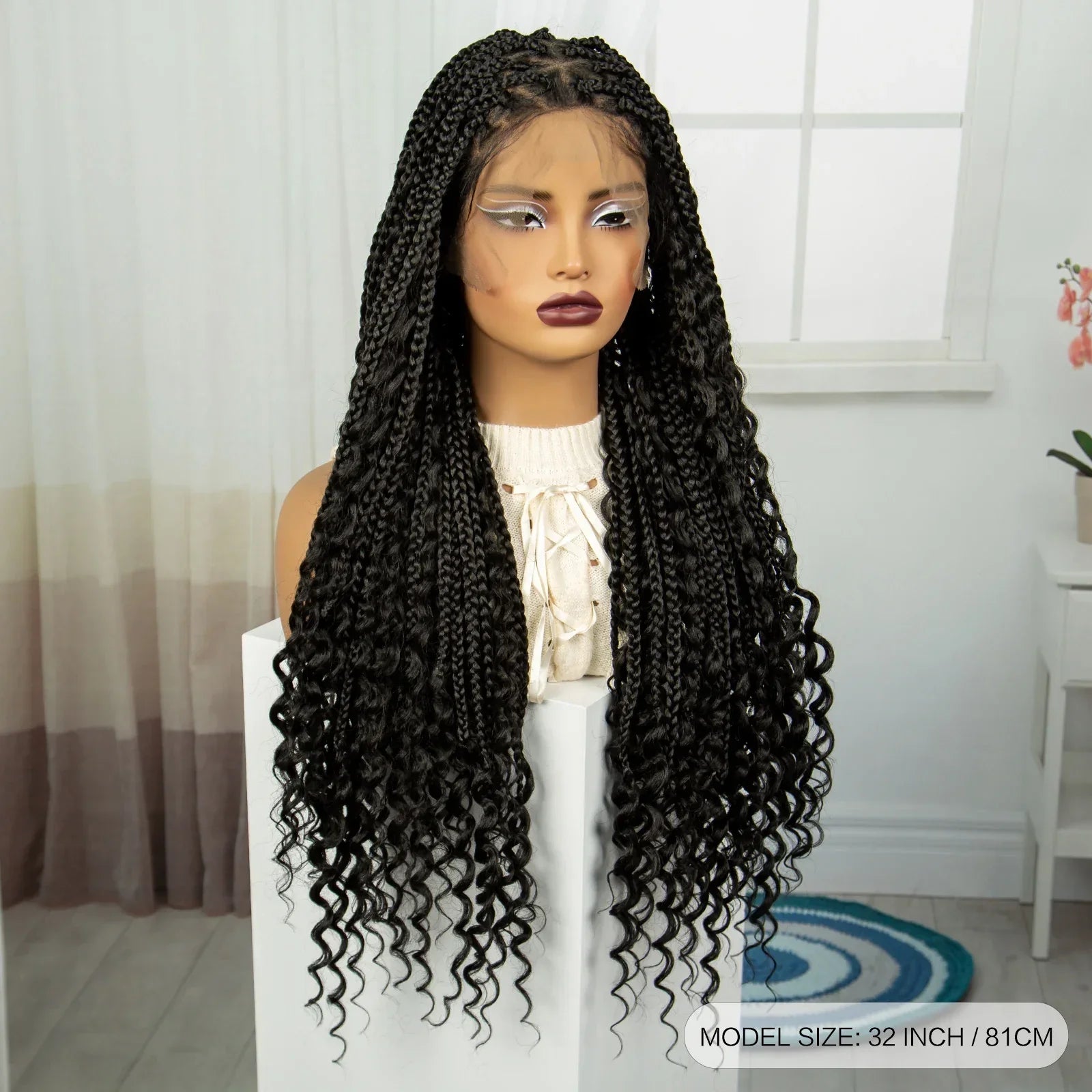 32" Boho Knotless Braids Wig | Natural Curly Ends | Full Lace | Baby Hair