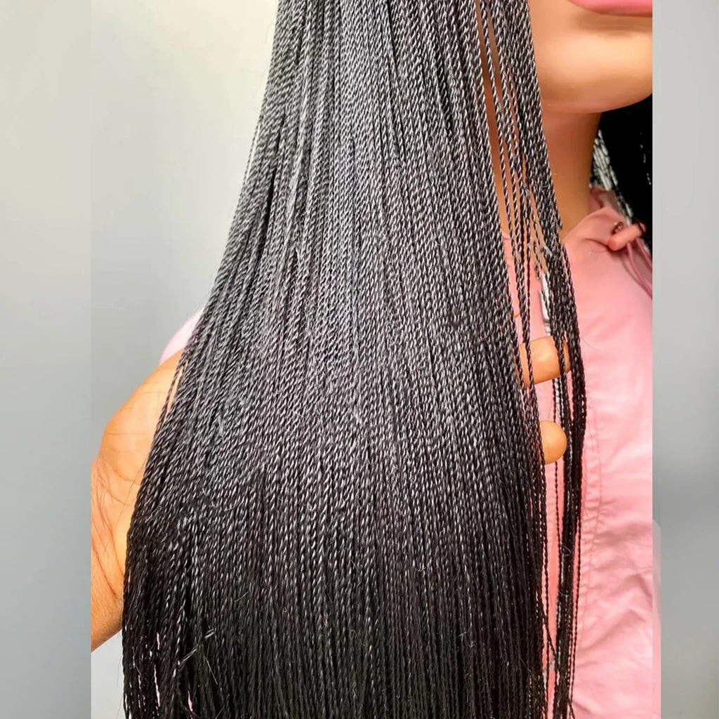 28" Micro Twist Braided Wig | 1B Black | Front Lace | Glueless | Petite Cap | For Black Women