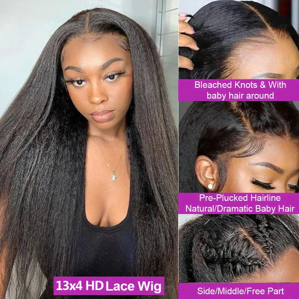 40 Inch Full 360 HD Lace Frontal Kinky Yaki Straight Human Hair Wig | 300% Density Transparent Lace Front Wig for Women