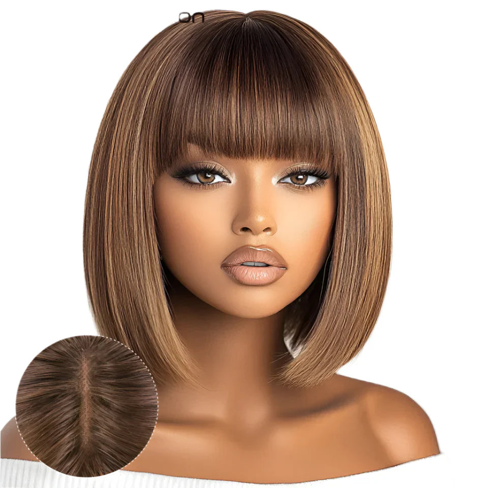 #27 Brown Straight Bob Wig with Bangs | Human Hair Lace Top & Realistic Scalp