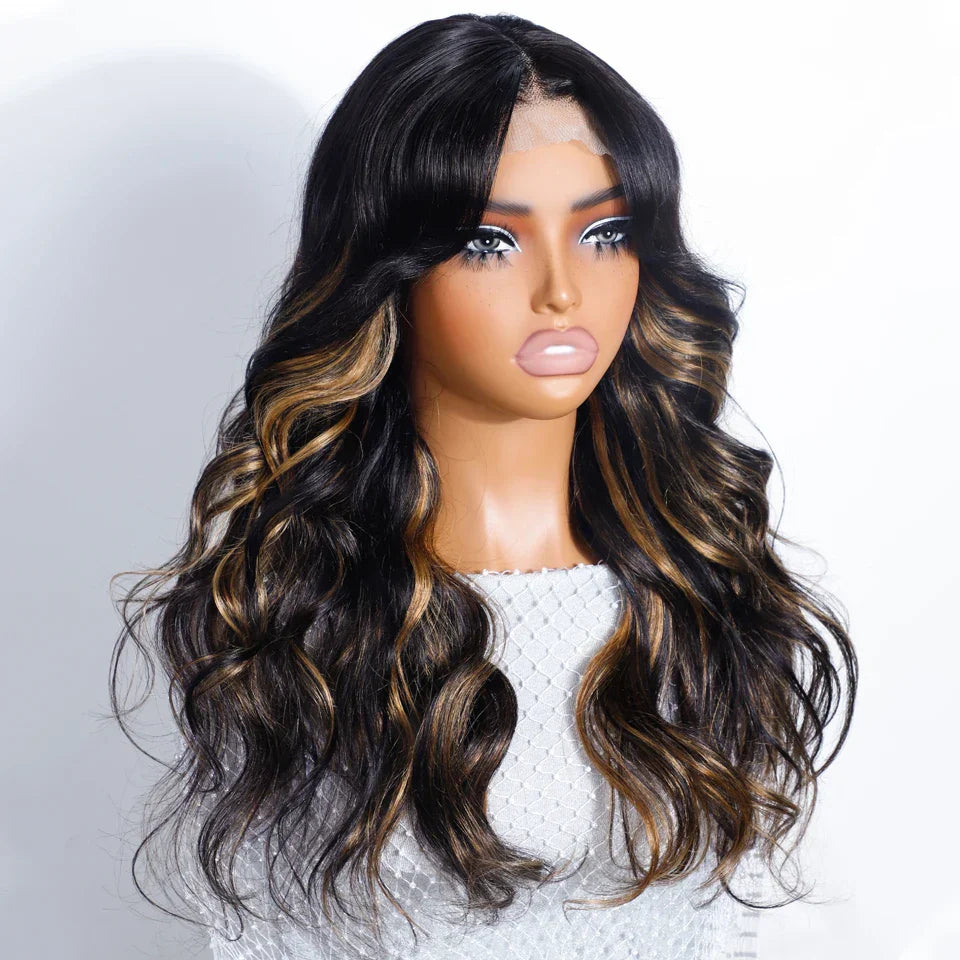 180% Density 1B/27 Ombre Highlight Body Wave Wig | 4x4 Transparent Lace Front Brazilian Human Hair (Pre-Plucked)