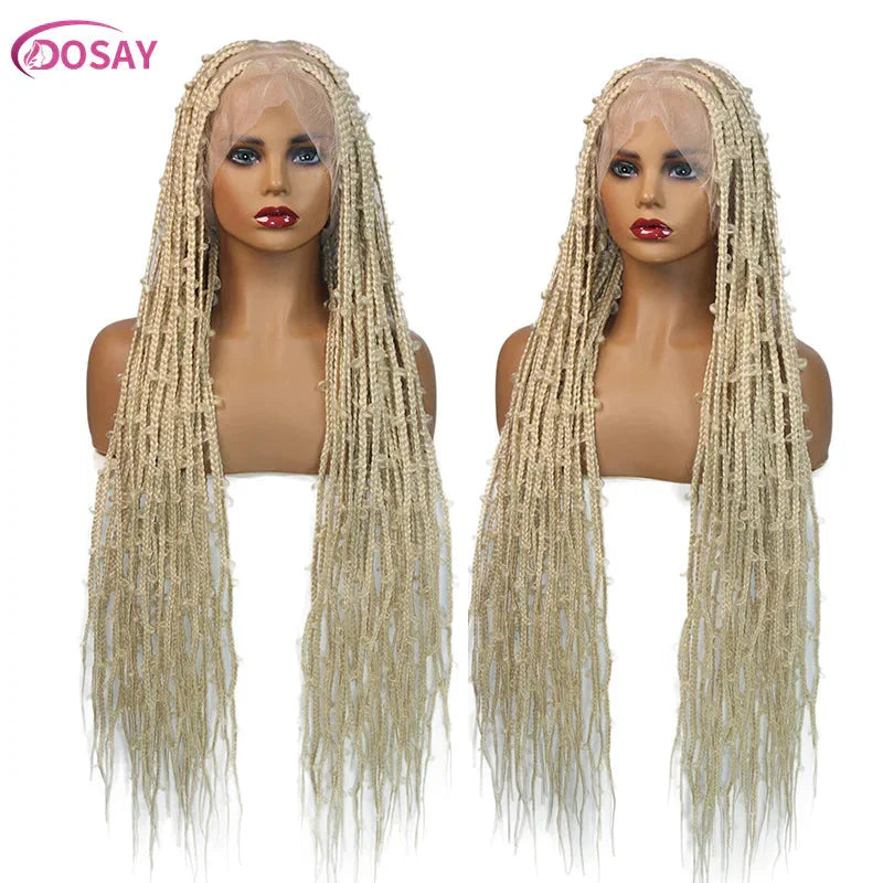 36" Butterfly Braided Full Lace Wig | Honey Blonde & Burgundy Goddess Locs | Synthetic Box Braids | Transparent Lace