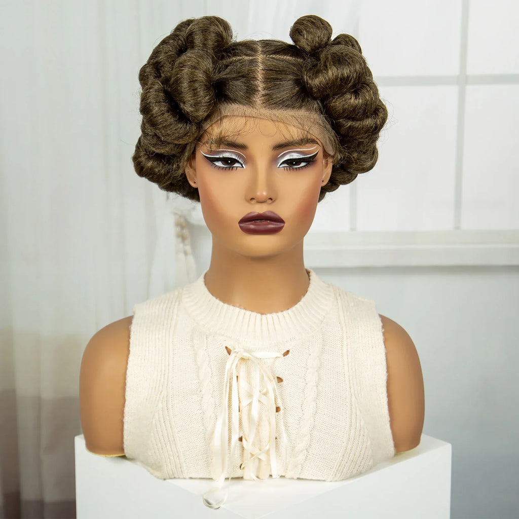 6" Short Cute Burgundy Bantu Knotless Braids Wig | Transparent Full Lace