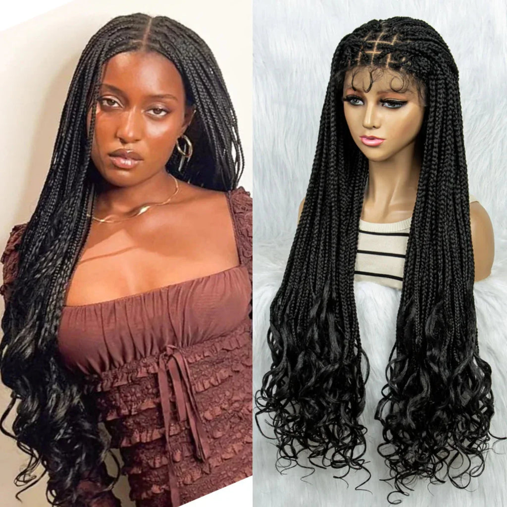 36 Inch Synthetic Braided Wigs Knotless Boho Braided Lace Wigs with Curly Ends Lace Front Braiding Hair Wig for Black Women