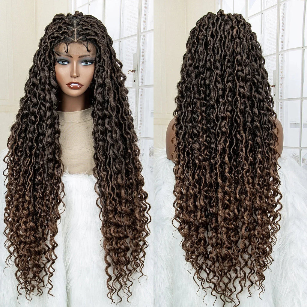 36" Knotless Dreadlock Braided Full Lace Wig | Curly Ends | Synthetic Locs Braids | Black Women