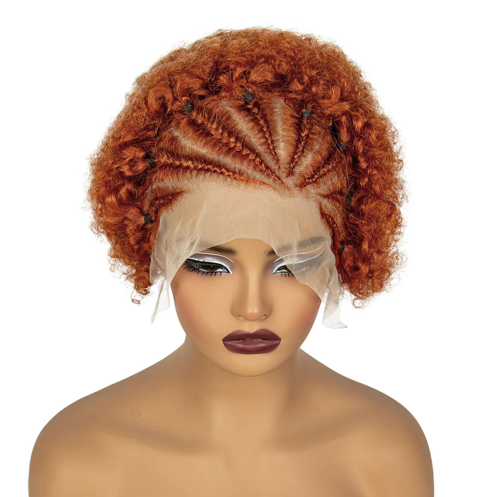 350# Ginger Orange Synthetic Knotless Braided Wig | 13x4 Transparent Lace Front Short Afro Kinky Curly Braids