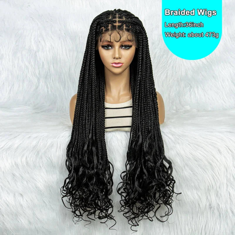 36 Inch Synthetic Braided Wigs Knotless Boho Braided Lace Wigs with Curly Ends Lace Front Braiding Hair Wig for Black Women