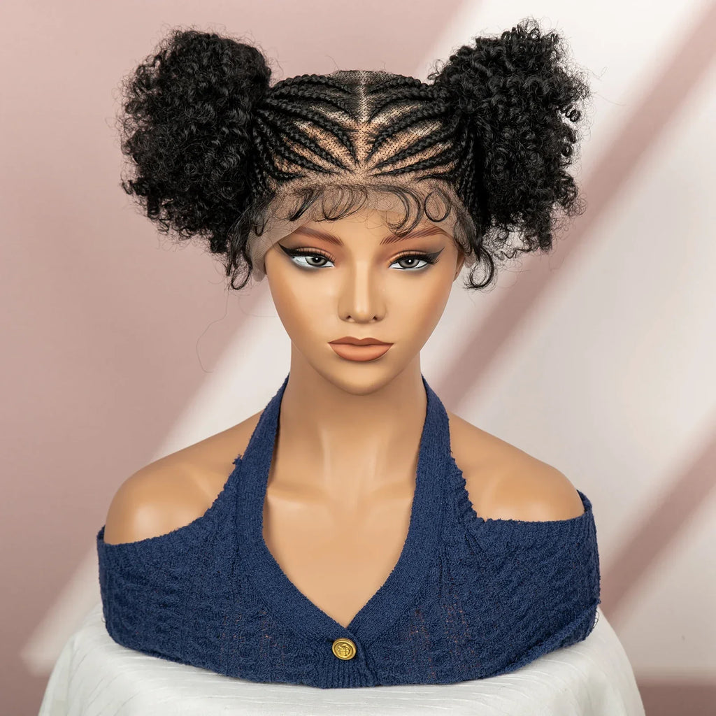 6" Short Afro Curly Wig | Twin Buns | 360 Lace | Cornrows | For Black Women