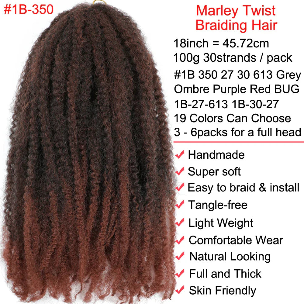 18" Marley Twist Braiding Hair | Crochet Braids | Afro Twist Kinky Hair Extensions | Ombre Colors | 30 Strands/Pack