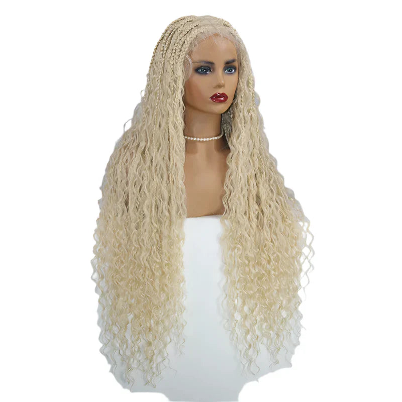 32" Box Braided Wig with Boho Curls - Knotless Braids, Cornrow Style, Lace Front Wig for Black Women (Natural Black)