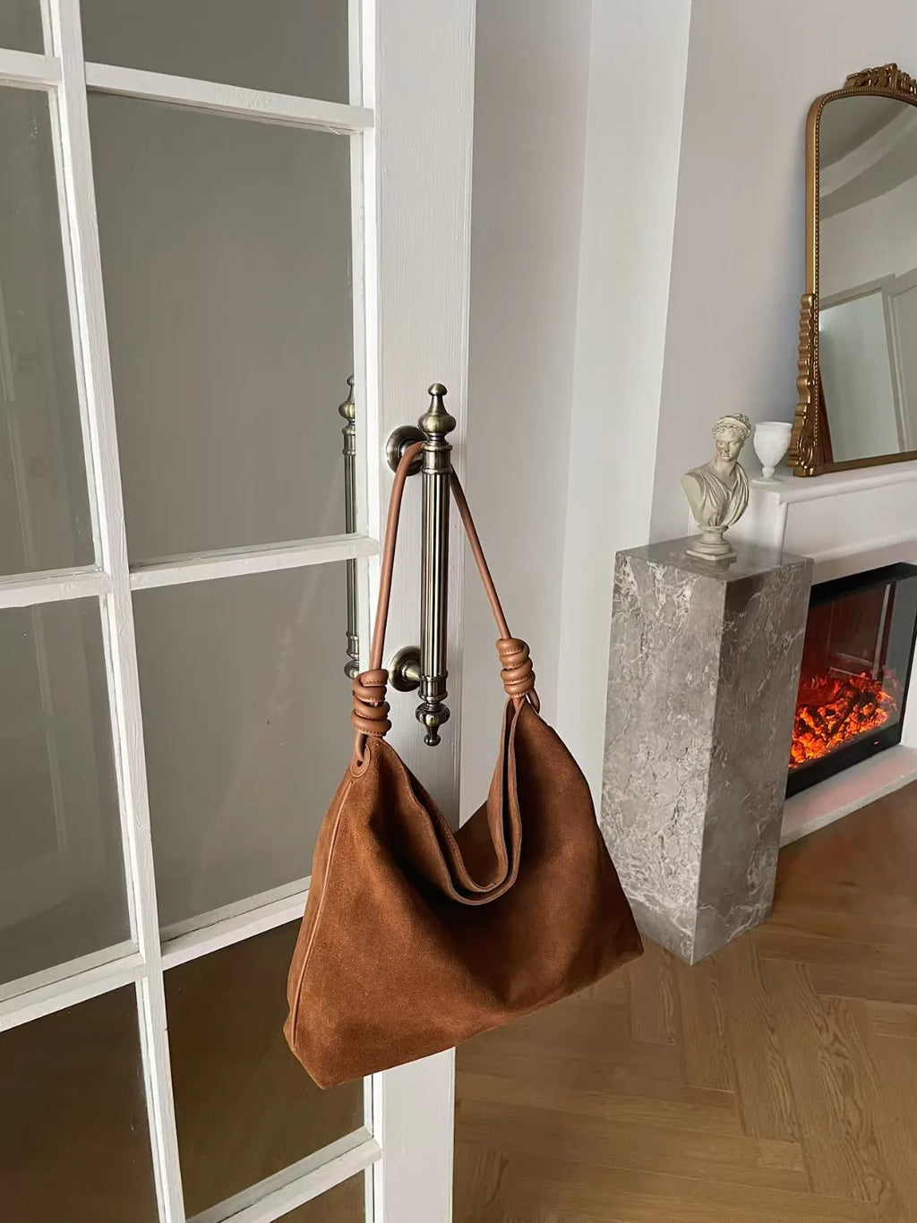 All-Match Chamois Matte Suede Cowhide Leather Tote | Large Capacity Designer Maillard Dressing Coffee Winter Ladies Handbag