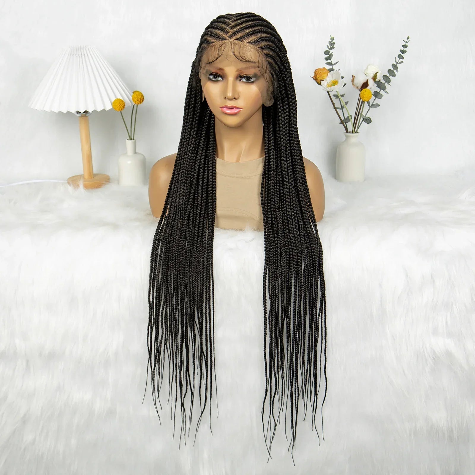 36" Cornrow Braided Full Lace Wig | Knotless Box Braids | Baby Hair | Synthetic Braiding Wig for Black Women