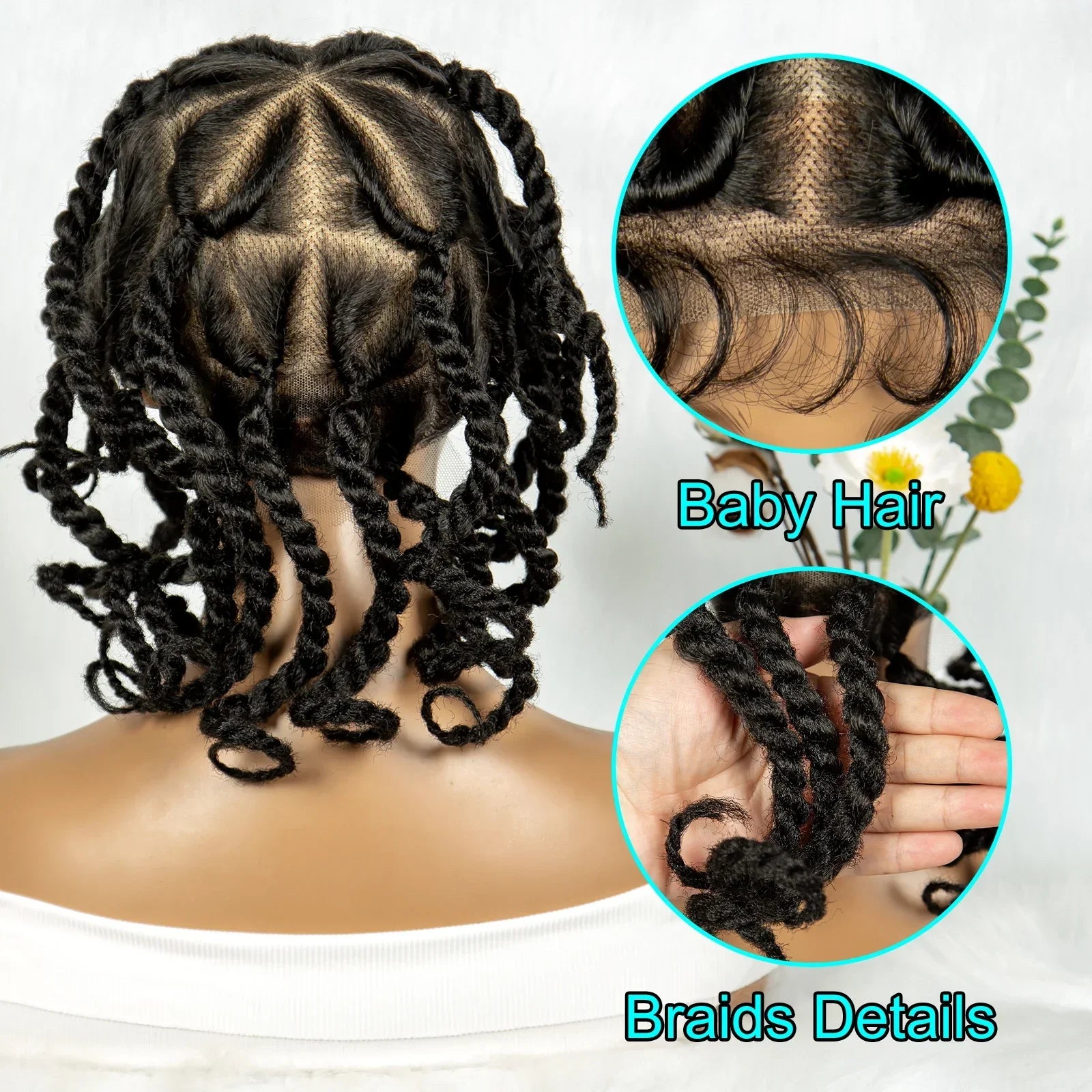 12" Short Box Braided Full Lace Wig | Crochet Braids | Baby Hair | Synthetic Braiding Wig