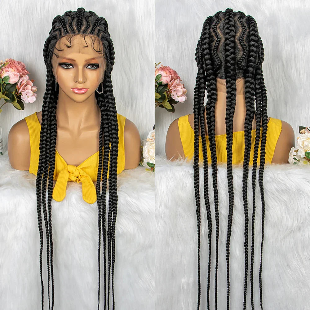36" KIMA Cornrow Knotless Box Braided Full Lace Wig | Synthetic Braids for Black Women | Light Brown Lace