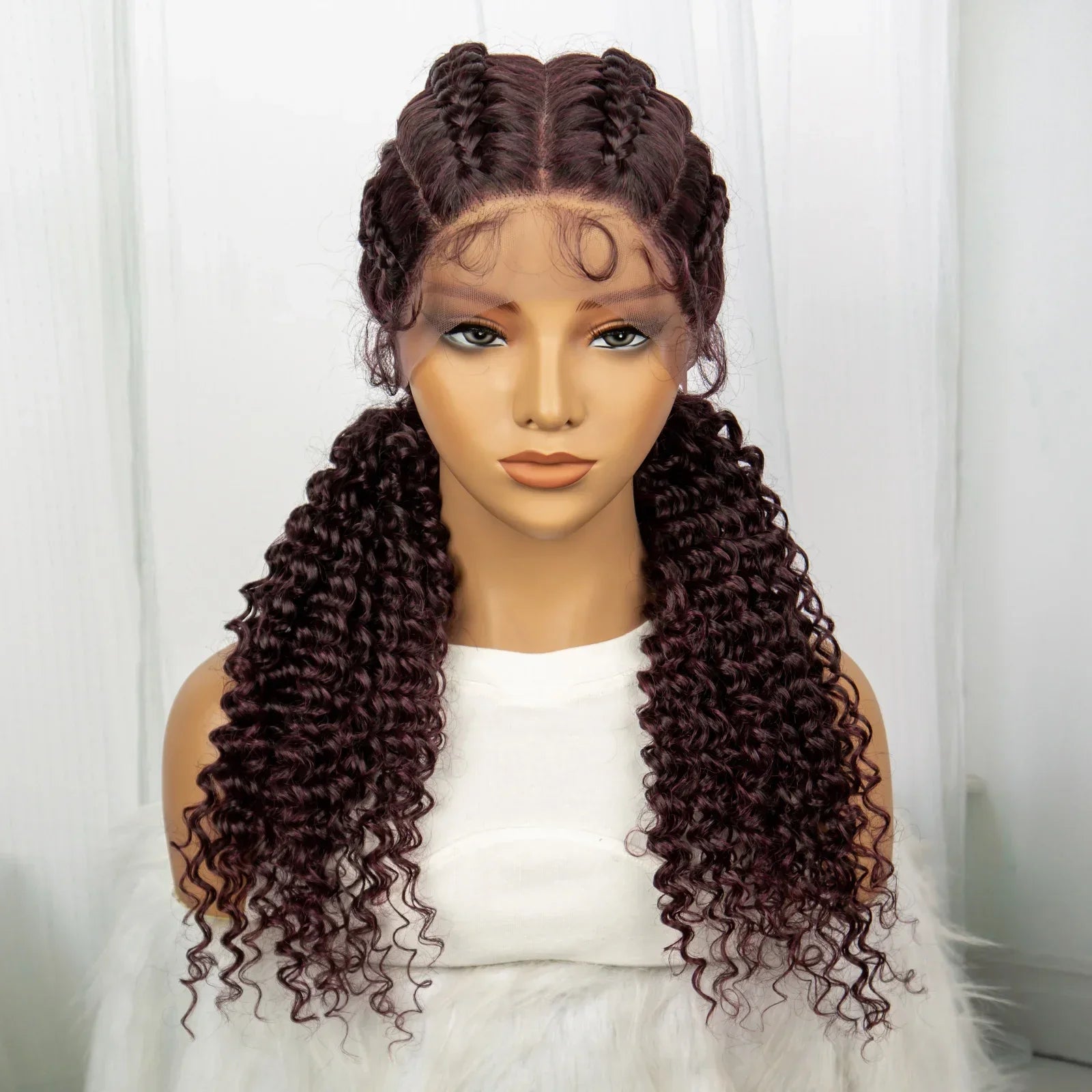 22" Box Braids Full Lace Wig | Two Curly Ponytails | Baby Hair | Synthetic Braided Wig