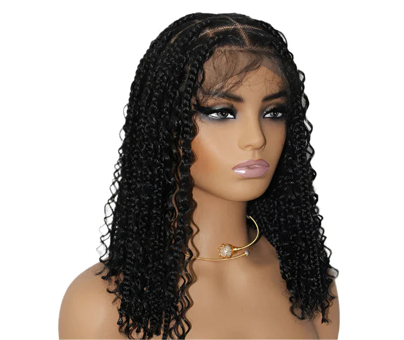 12" Bohemian Cornrow & Knotless Box Braids Bob Wig | Curly Goddess Ends | Full Lace Front