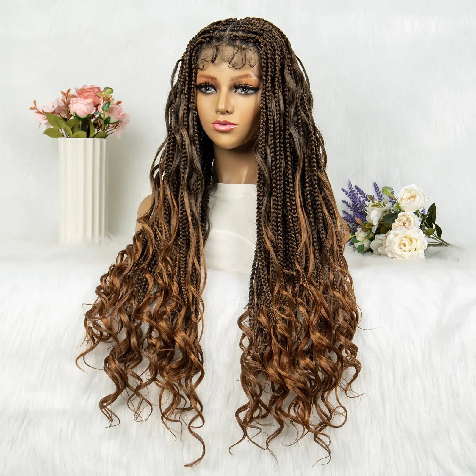 34" Full Lace Knotless Braided Wig with Baby Hair | Synthetic Lace Front Wig for Black Women | Long Braids