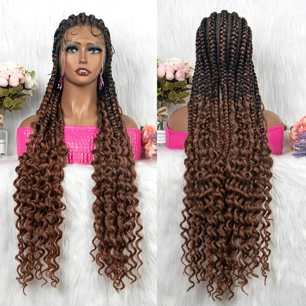 36" Cornrow Braids Wig with Curly Ends | Transparent Full Lace | Baby Hair