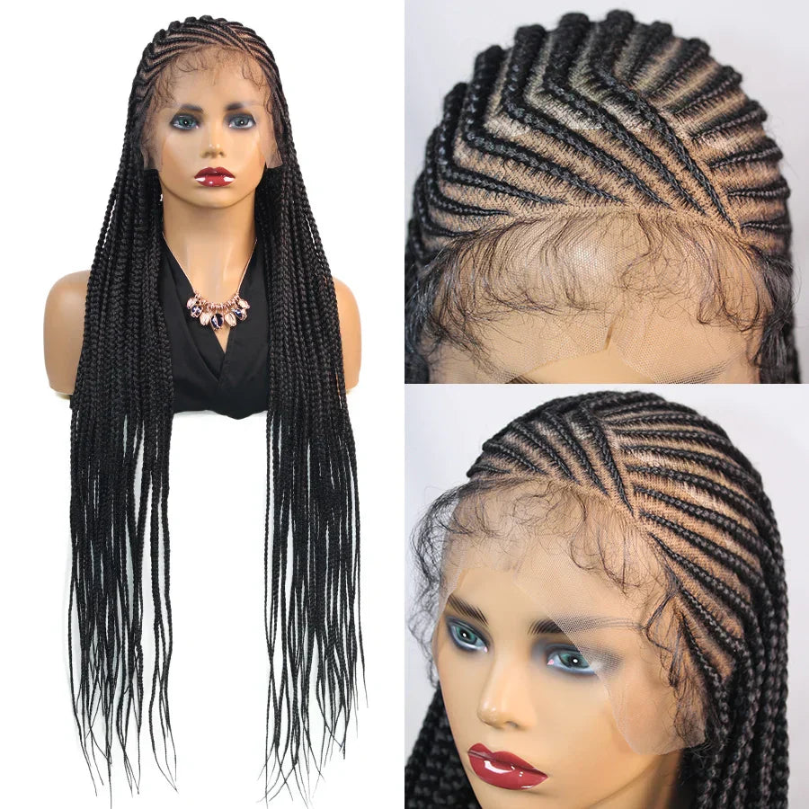 36" Boho Knotless Box Braids Wig | Full Lace | Cornrows & Curly Ends | Synthetic Braided Wig