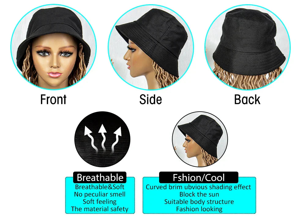 30" Crochet Afro Dreadlocks Bucket Hat Wig | Synthetic Braided Hair | Curly Ends | Black Women