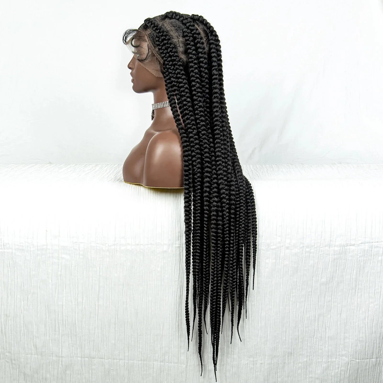34" Jumbo Box Braids Wig | Full Lace | Cornrow Accents | Natural Color | Kanekalon