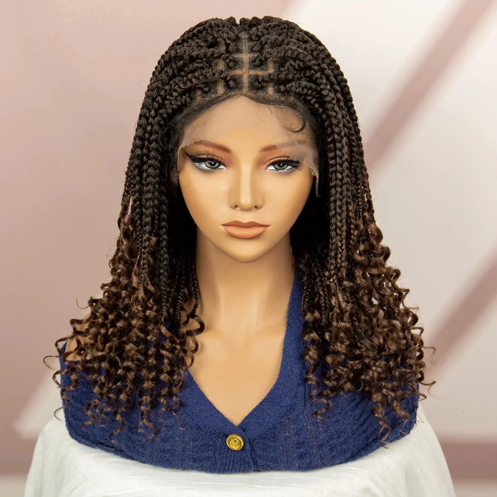 16" Short Brown Box Braided Full Lace Wig | Curly Ends | African Braids | Black Women