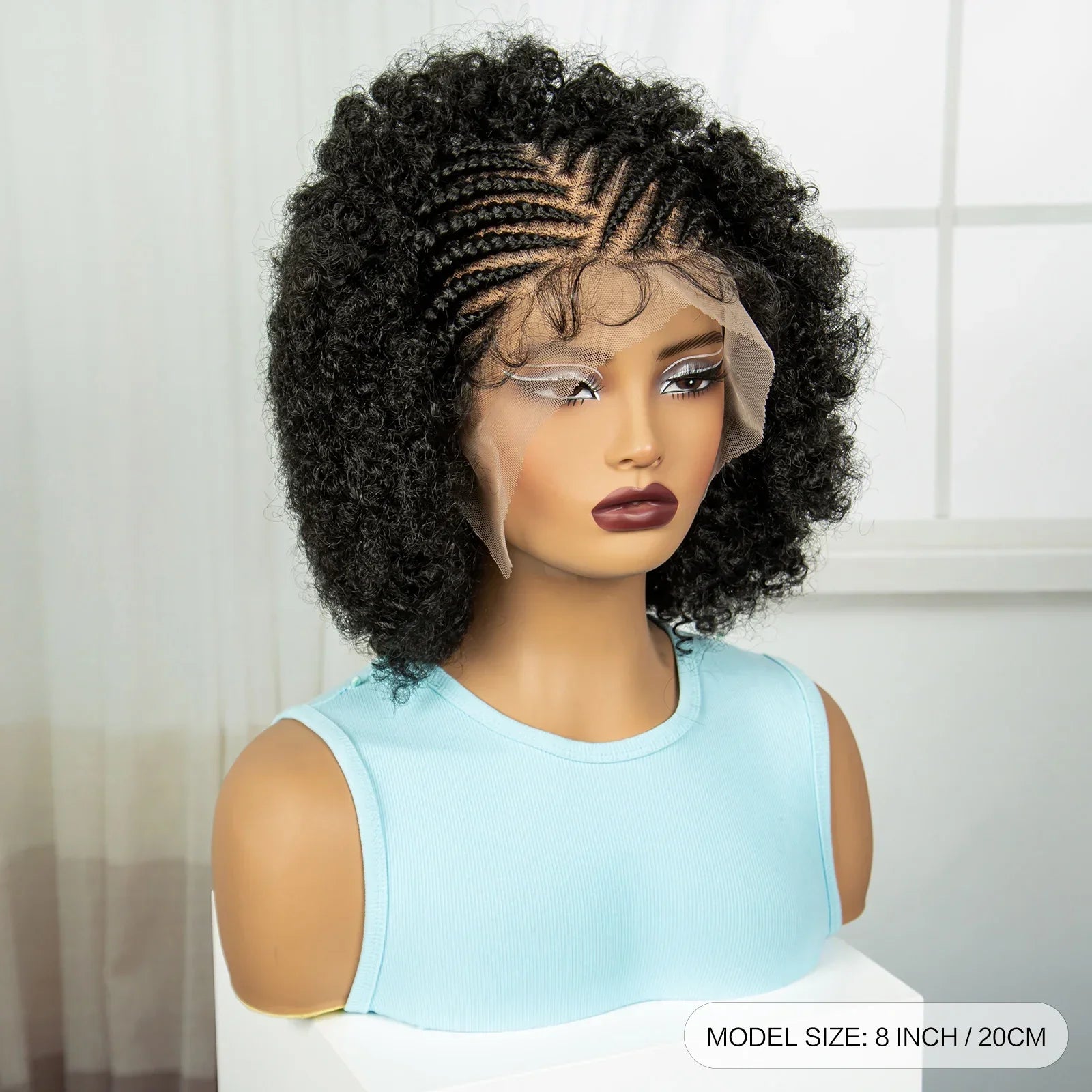 8" Short Afro Kinky Curly Cornrow Braids Wig | Full Lace | Baby Hair