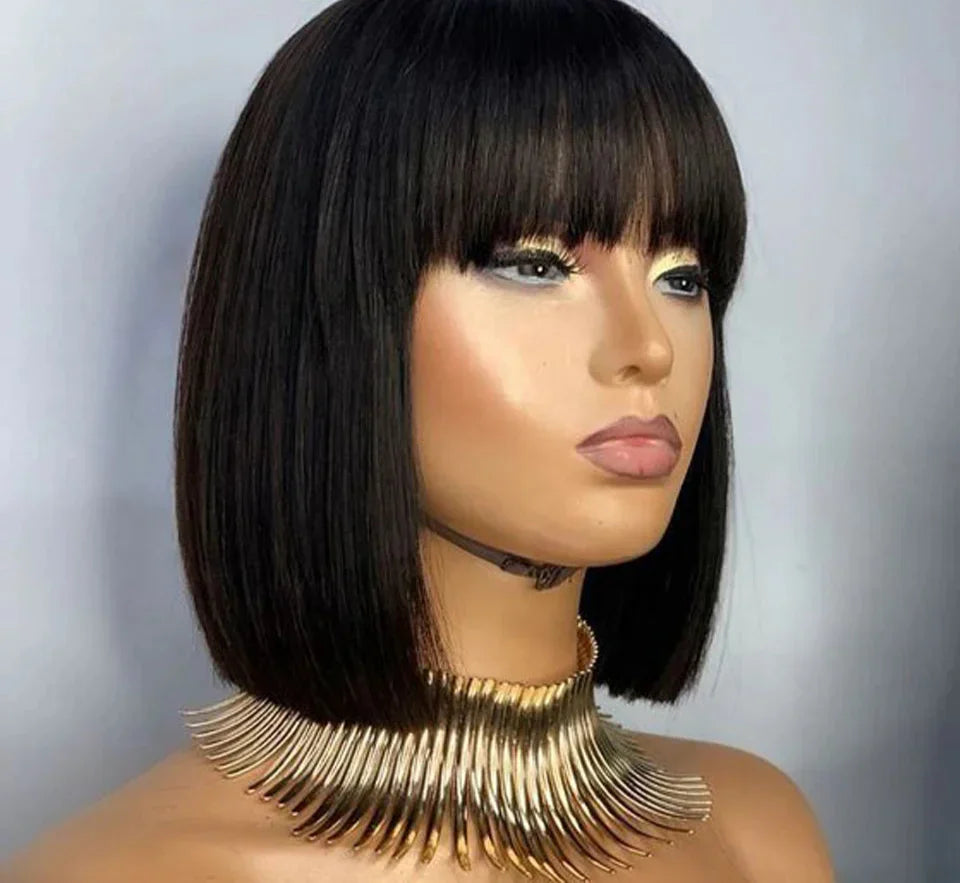180D Orange/Ginger & Blonde Straight Human Hair Bob Wig with Bangs | Full Machine Made Remy for Women (P4/30, 613, 99J, T1B/27)