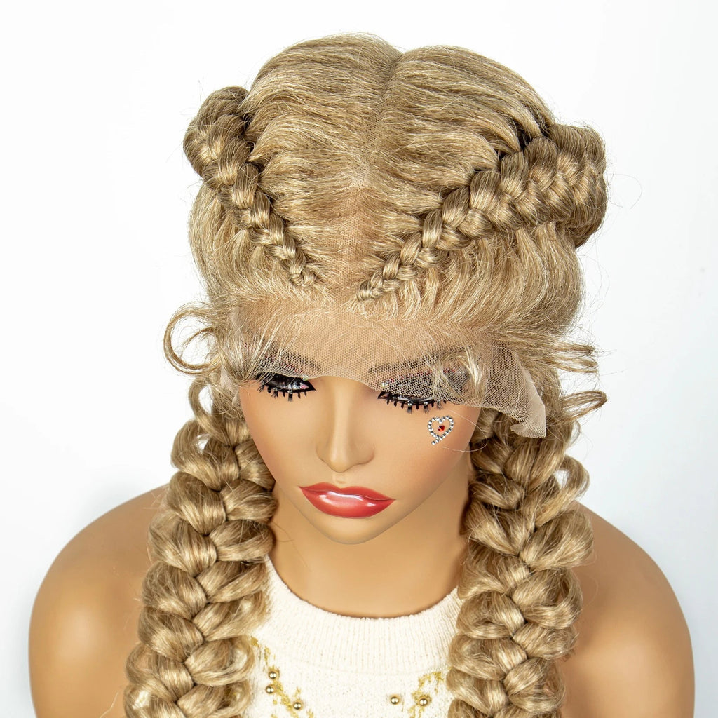 1B/30 Dark Brown Dutch Box Braids Wig | Synthetic Lace Frontal | Fishtail Braids | With Baby Hair | For Black Women