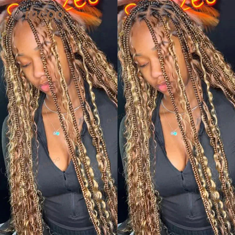 36" Boho Curly Box Braided Lace Wig | Knotless Cornrows | Synthetic Braids for Black Women