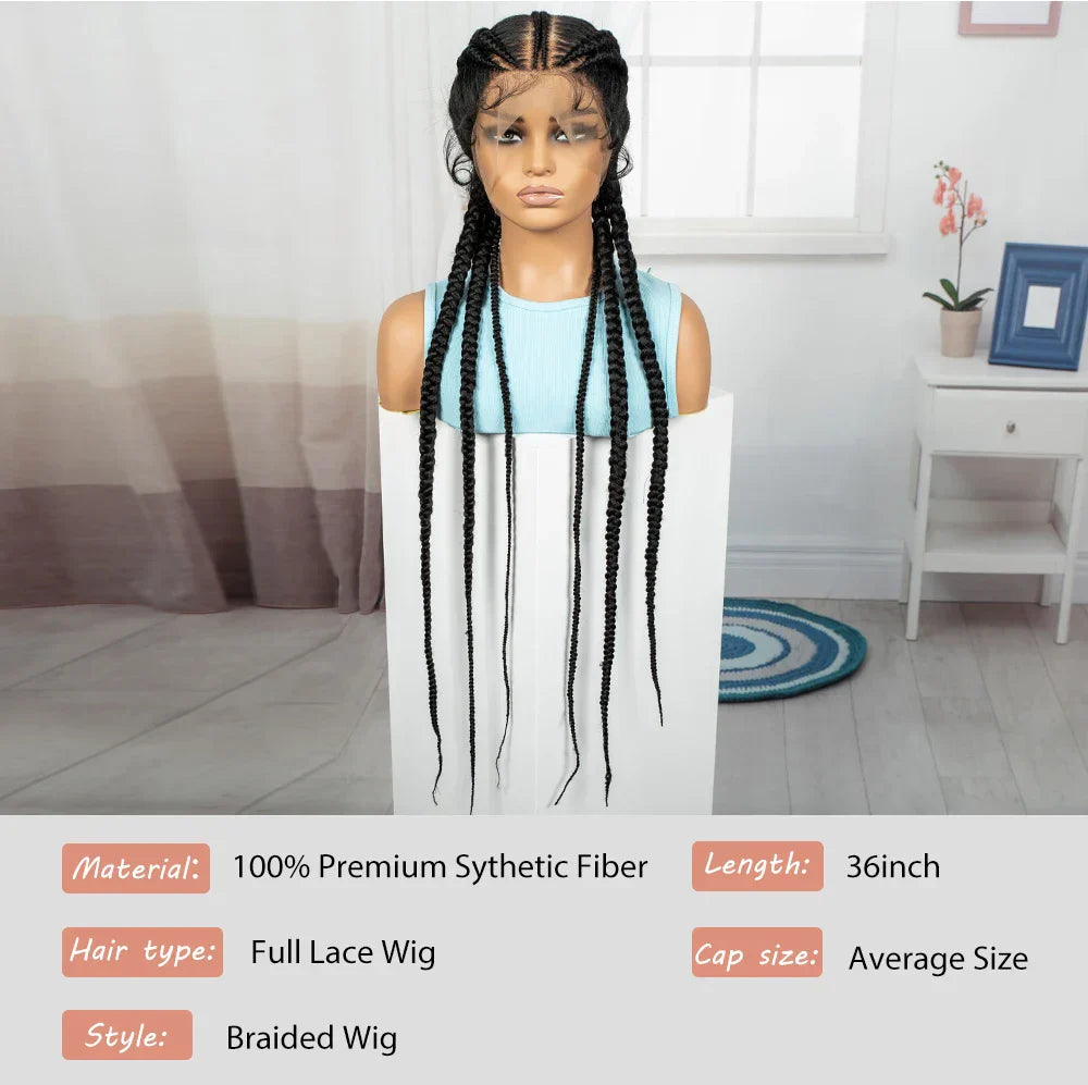 36" Full Lace Cornrow Braided Wig | Knotless Braids | Synthetic Natural Braided Lace Wig with Baby Hair for Black Women